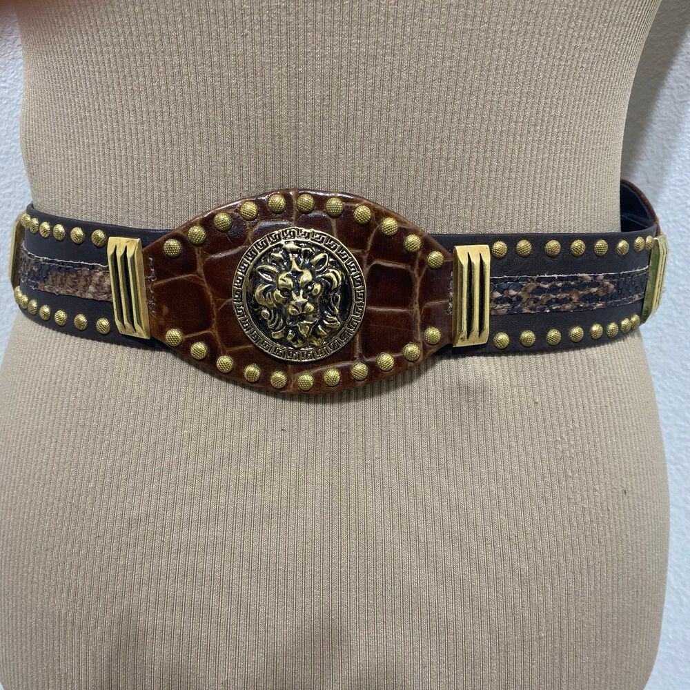 ST MAARTEN Dallas Leather Belt W/Gold Studs & Gold-Tone Lion Head Medallion - Picture 5 of 15